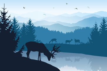 Landscape with blue mountains, forest, river and silhouettes of trees and wild deer - vector illustration