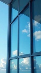 Close-up of sleek windows with reflection of blue sky and clouds, blue sky, design, exterior