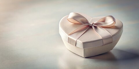 A delicate heart-shaped gift box, adorned with a blush-toned satin ribbon, rests gently on a smooth surface, conveying a sense of elegance and thoughtful presentation.