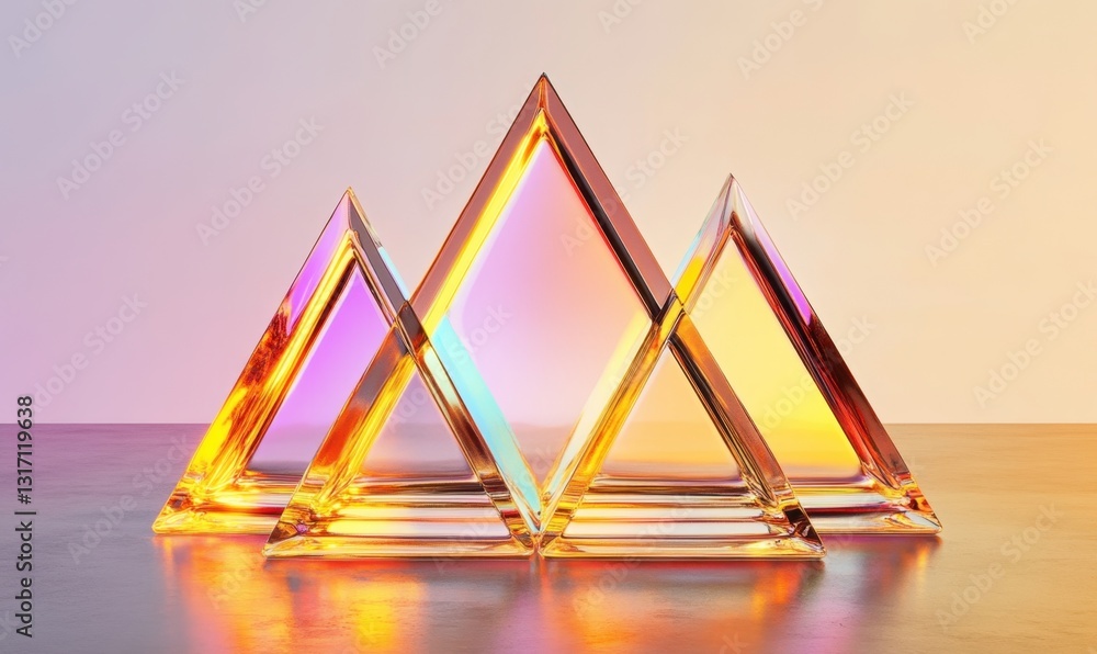 Aufkleber glass pyramids on surface with colorful backdrop, ideal for abstract design projects