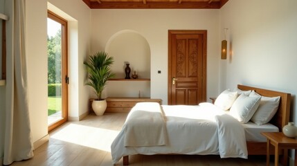 Serene Bedroom Sanctuary Sunlight Illuminates Minimalist Design Featuring Wooden Accents and a Comfortable Bed
