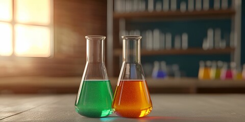 STEM education tools concept. Glass flasks with colored liquids in a laboratory setting.