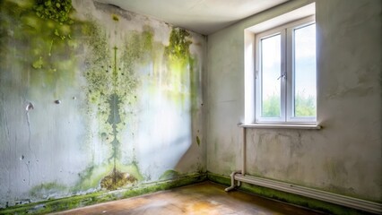 A neglected corner reveals extensive mold growth on the walls and floor, a clear indication of a damp and possibly hazardous environment requiring urgent remediation