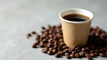A freshly brewed cup of dark coffee in a disposable paper cup sits nestled amongst a pile of roasted coffee beans on a gray surface.
