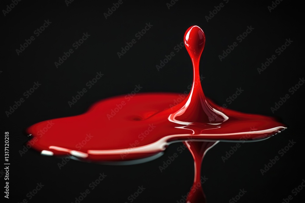 Poster a single drop of vibrant red liquid impacts a dark surface, creating a dramatic splash and reflectio