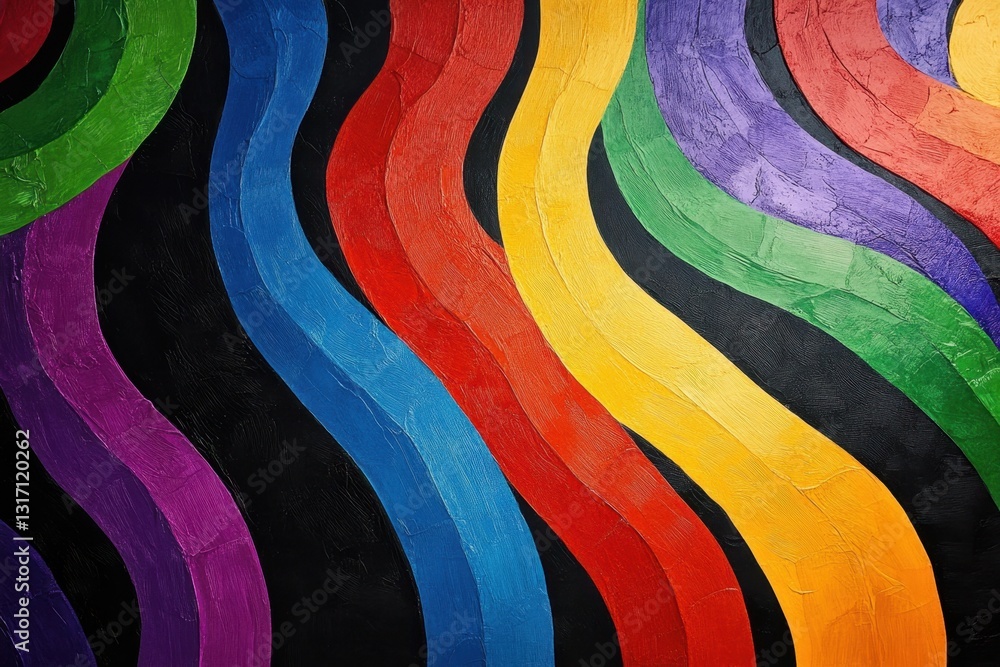 Poster intricate patterns of rainbow stripes intertwining and overlapping . a vibrant painting depicting a 