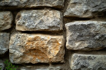 Fototapeta premium Close-up of a rustic stone wall, showcasing the texture and color variations of the irregularly shaped stones.