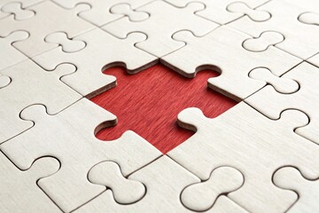 Fototapeta premium White Jigsaw Puzzle with Missing Piece Revealing Red Background Concept of Problem-Solving and Incompleteness