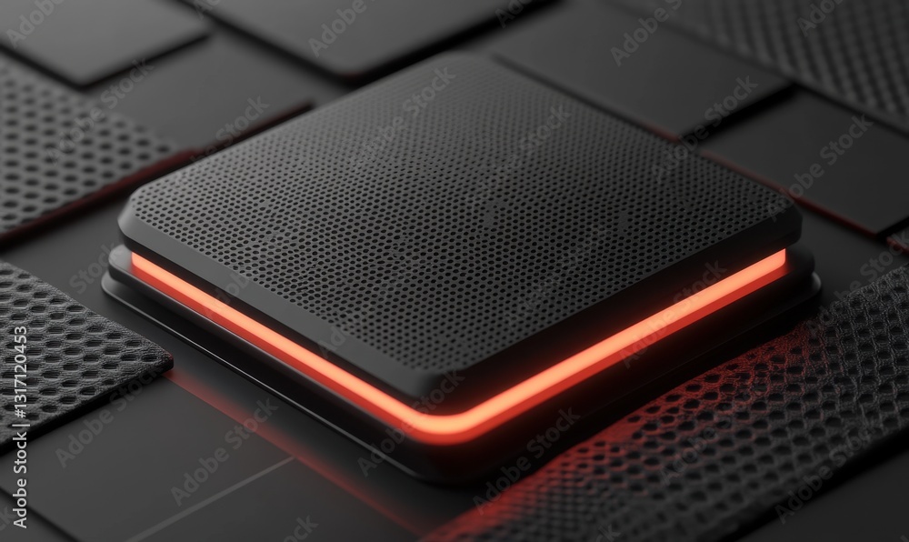 Poster glowing button on dark textured surface, ideal for tech backgrounds