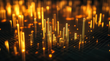Digital visualization of financial data represented through golden bars and grids