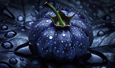 Dark blue fruit with water drops on leaves, close-up, for food or nature imagery