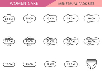 menstrual pads size icon set, sign, symbol, line icon, outline, of women care period stuff editable stroke 