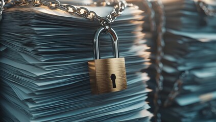  Padlock on Top of Large Stacks of Documents Symbolizing Security and Protection for Financial Records, CLIENT - Padlock Attached to Two Sheets of Paper with Iron Chain, Symbolizing Data Security, 