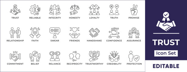 Trust Line Icon Set. Features editable icons for trust symbols, reliability, honesty, integrity, loyalty, confidence, and more. Perfect for business, marketing, and relationship building.