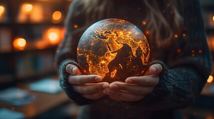 Fototapeta premium Glowing Leader Holding a Global Sphere in an Illuminated Classroom