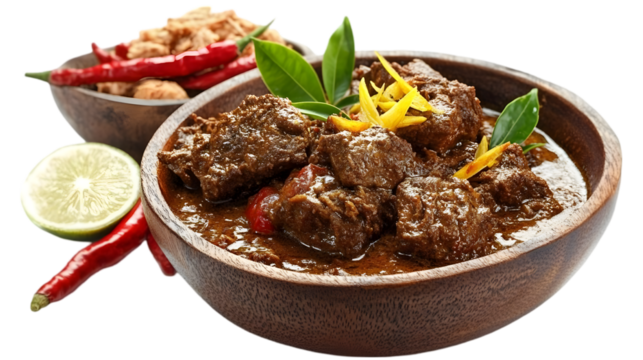 Delicious Beef Rendang in Wooden Bowl with Chili Peppers and Lime