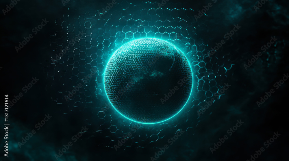 Poster glowing hexagonal sphere resting on textured surface with mist in a dark setting