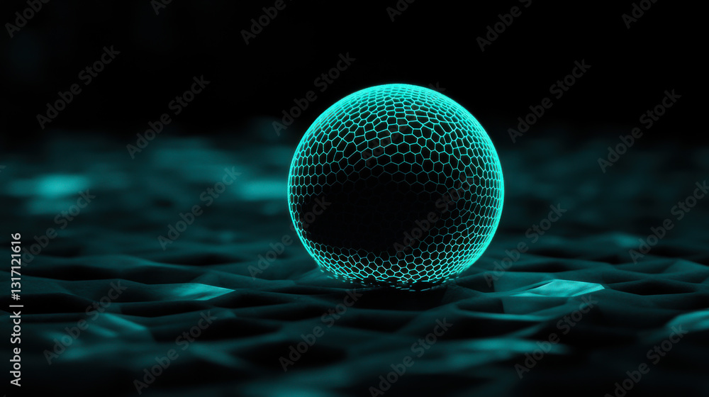 Poster glowing hexagonal sphere resting on textured surface with mist in a dark setting