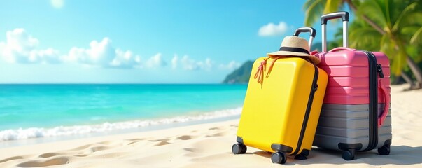 Colorful luggage filled with summer essentials on a beach background, destination, suitcase, getaway