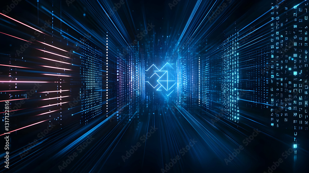 Poster futuristic data stream in dark blue digital tunnel with glowing lines and geometric shapes for techn