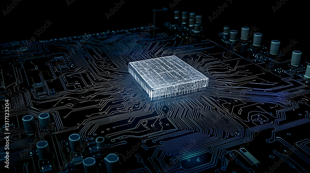 Poster illuminated central processing unit on intricate circuit board with futuristic blue and white compon