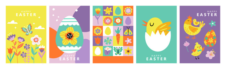 Easter holiday modern poster design set with cute flowers and Easter eggs. Template for greeting cards, banner, social media and sale marketing