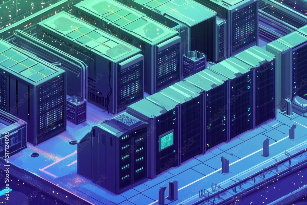 Poster design an isometric illustration of a secure data center with rows of servers and protective barrier