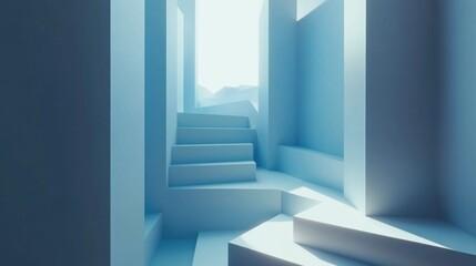 Fototapeta premium Abstract blue architectural staircase leading to light.