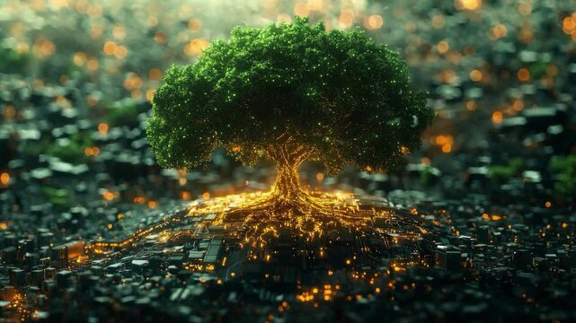 Lush green tree glowing with digital lights on circuit board, eco technology concept