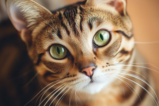 Striking close up portrait of a bengal cat with bright green eyes looking directly at the camera