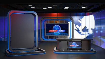 3D Virtual TV Studio News, Backdrop For TV Shows .TV On Wall.3D Virtual News Studio Background,3d illustration