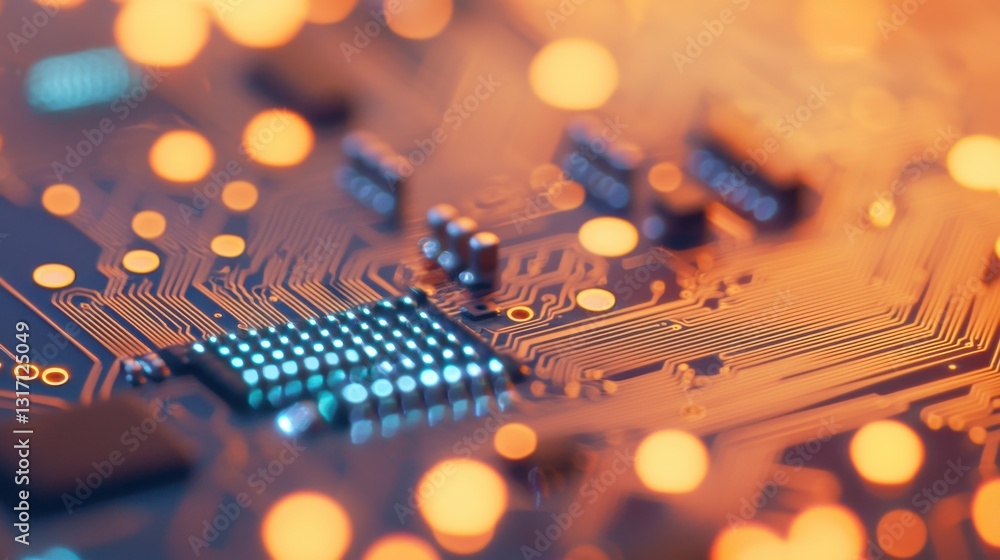 Poster abstract circuit board close-up with glowing lights in background