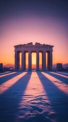 Obraz premium Majestic Sunset at the Parthenon Athens Architectural Marvel Urban Landscape Wide Angle View Symbol of Ancient Greek Brilliance