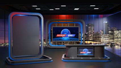 3D Virtual TV Studio News, Backdrop For TV Shows .TV On Wall.3D Virtual News Studio Background,3d illustration