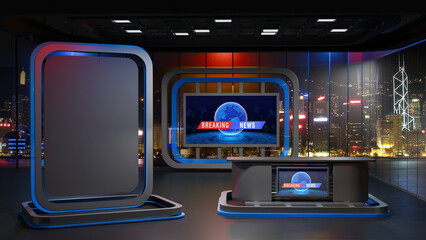 Obraz premium 3D Virtual TV Studio News, Backdrop For TV Shows .TV On Wall.3D Virtual News Studio Background,3d illustration
