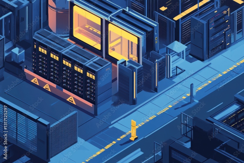 Poster isometric view of a secure data center design an isometric illustration of a secure data center with