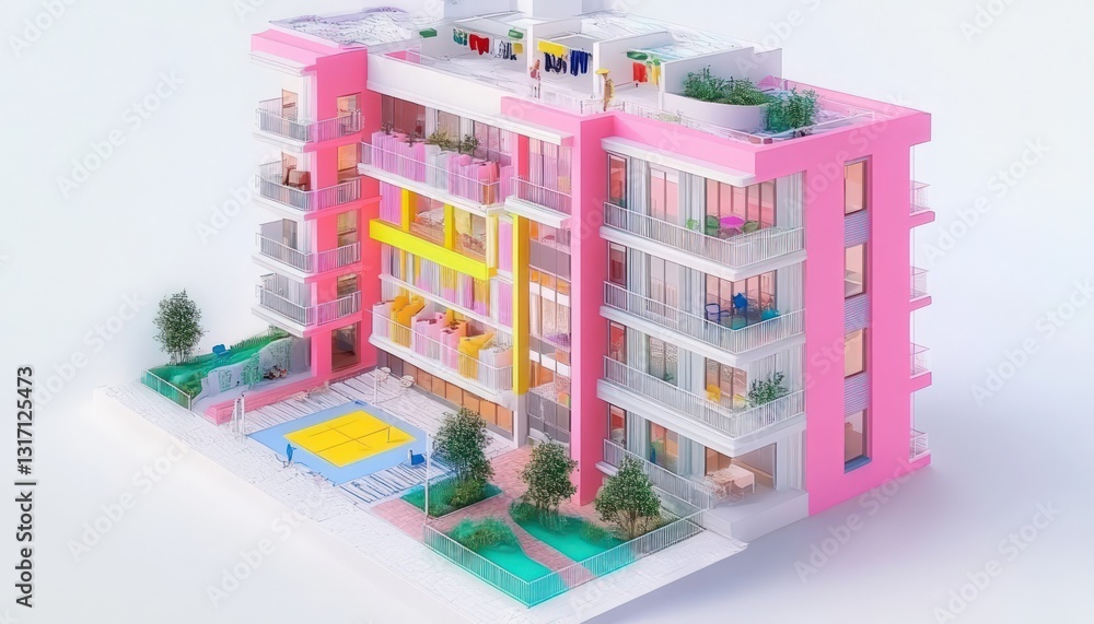 Aufkleber voxel-style apartment building in pink with a yellow pool and a colorful design on a white backgroun
