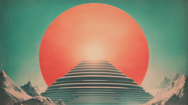 Retro futurism science fiction poster with abstract shapes and clean lines in a widescreen aspect ratio