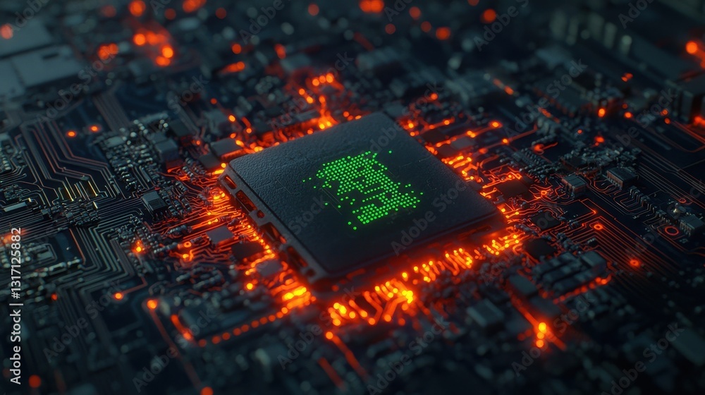 Poster close-up of microprocessor on circuit board with neon lights