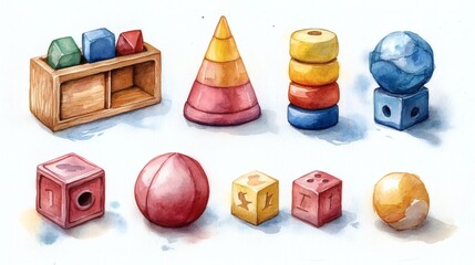 Kids toys watercolor set collection isolated on white background. Cute wooden toy children's.
