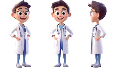 Fototapeta premium Cheerful Cartoon Doctor with Glasses and Stethoscope in Three Views