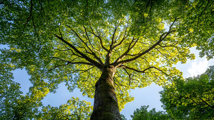 Low Angle View Of A Majestic Tree With Lush Green Leaves And Sunlight Filtering Through Branches Against A Blue Sky In A Serene Forest Setting