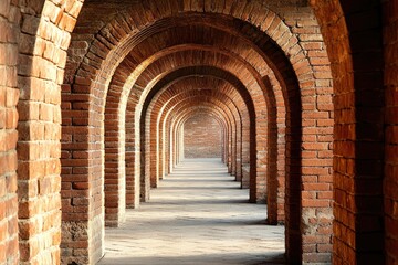 Fototapeta premium A long corridor with numerous brick arches creates a captivating perspective.