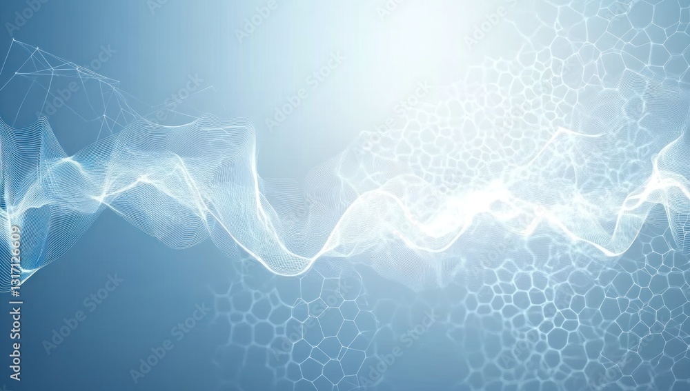 Poster abstract blue background with flowing white lines and textured pattern.