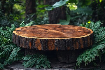 Wooden Table Top Surface in Forest Setting Surrounded by Ferns