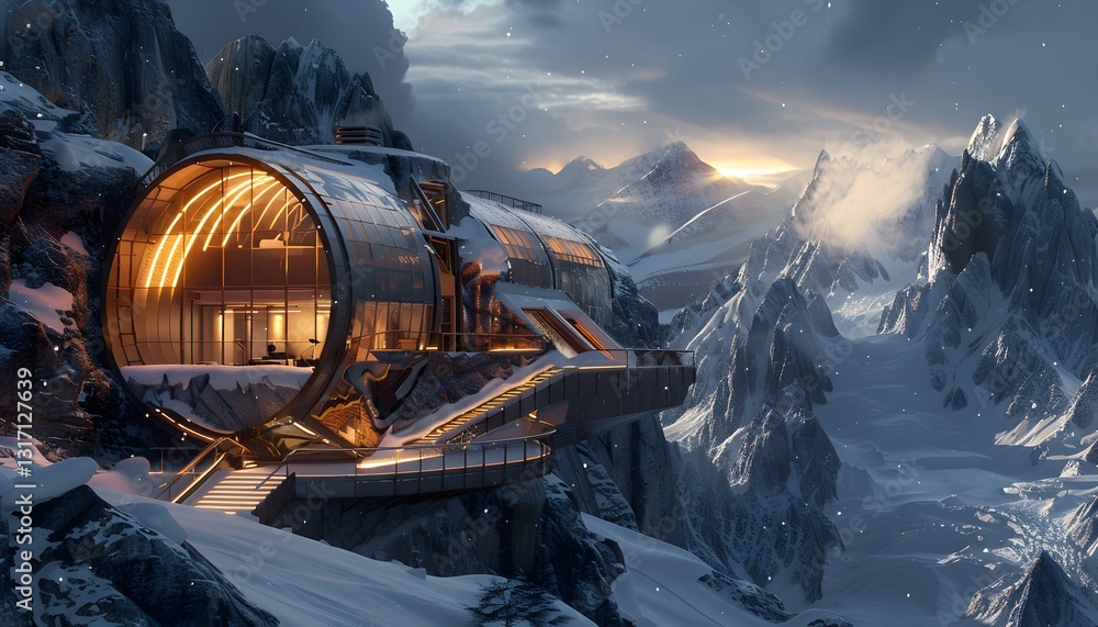 Poster a surreal mountain lodge where glowing windows and radiant pathways create a luxurious backdrop for 
