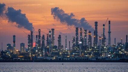 Industrial Refinery Silhouette Against Vibrant Sunset Sky with Illuminated Structures and Smoke