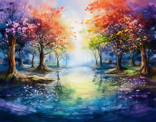 森の木々や水面を通して差し込む光が、鮮やかな色彩の帯として交錯し、柔らかなグラデーションが、自然のリズムと調和した幻想的な模様を描き出すアブストラクトな背景イメージ