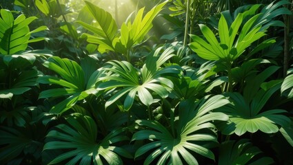 Lush Tropical Foliage with Vibrant Green Leaves Illuminated by Soft Sunlight in Dense Jungle