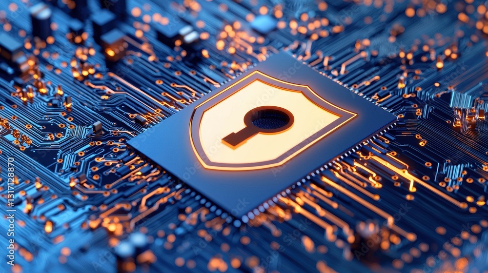 Poster digital security concept with shield on circuit board background
